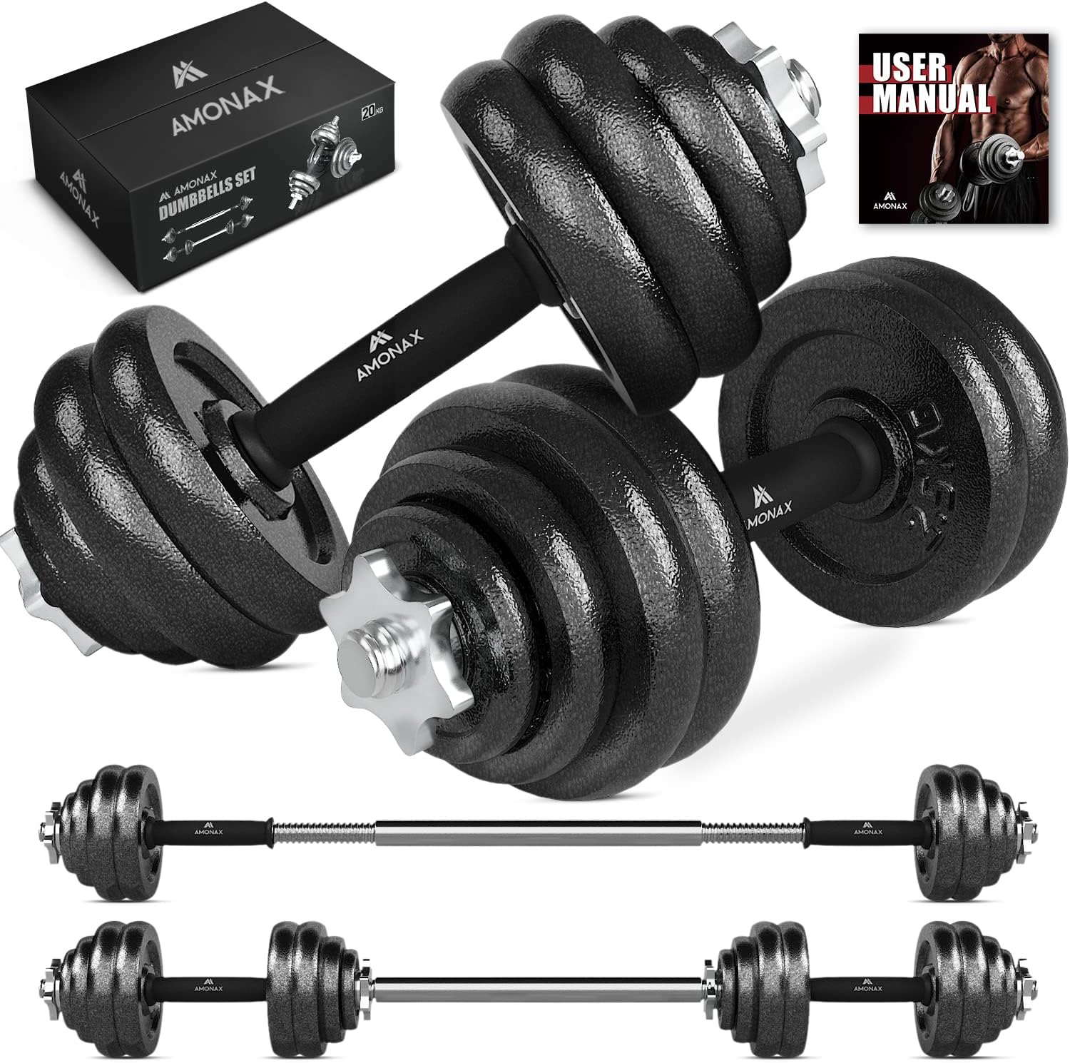 Amonax 20kg 30kg Cast Iron Adjustable Dumbbells Weight Set, Barbell Set Men Women, Strength Training Equipment Home Gym Fitness, Dumbell Pair Hand Weight, Bar Bells Free Weights for Weight Lifting Black 20KG