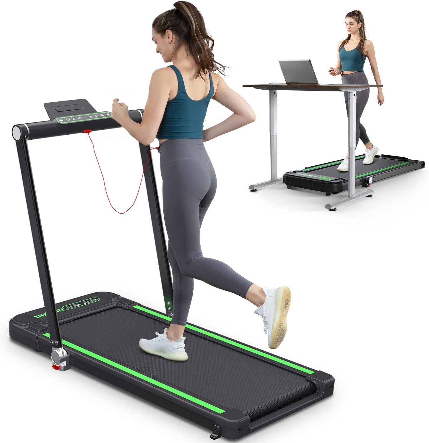 Folding treadmill for home, THERUN 2.5HP Under Desk Treadmill w/Widened Shock Absorption Running Belt, Foldable Walking Running Machine w/Adjustable Speeds 1-12km/h,Non-Assembly Black-Green
