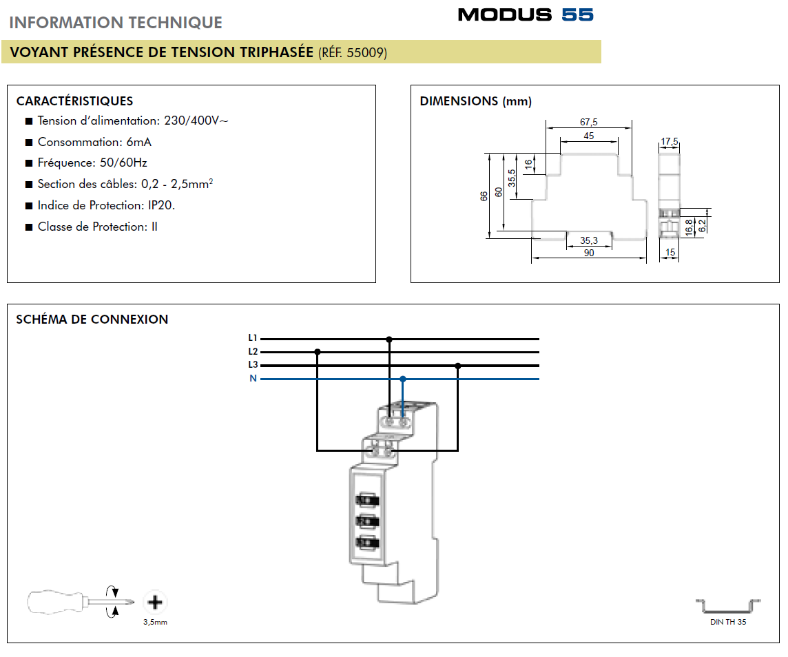 Voyant de Présence Tension Triphasé 55009 info technique 2