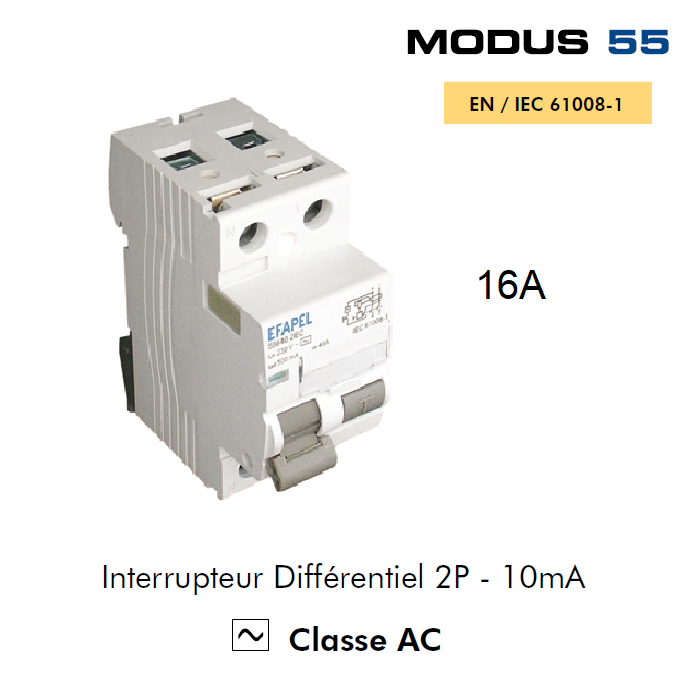 Interrupteur Différentiel 2P - 10mA - AC - 16A