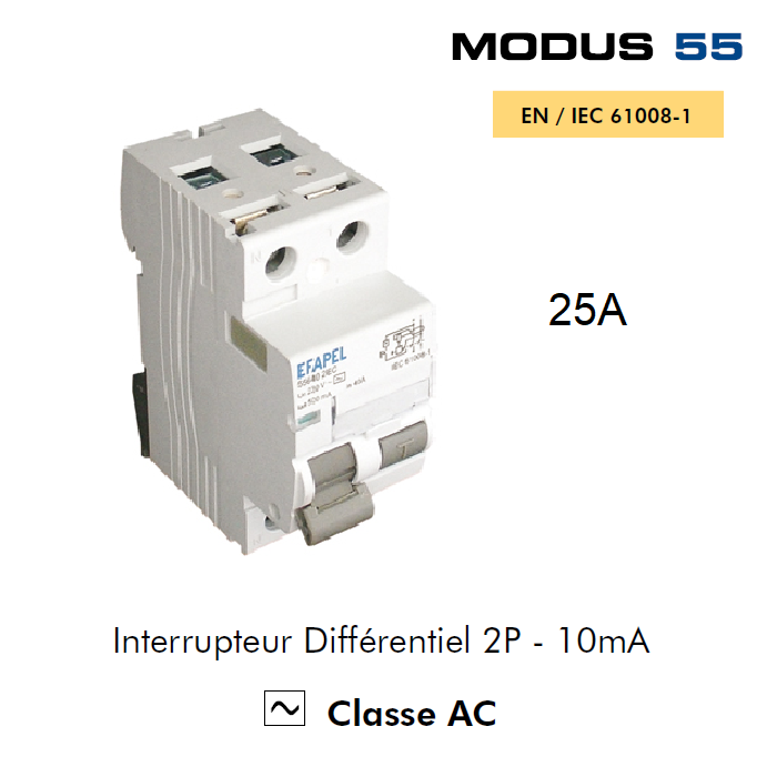 Interrupteur Différentiel 2P 10mA Classe A 2AC 25A