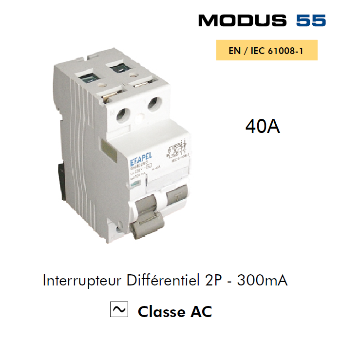 Interrupteur Différentiel 2P 300mA Classe BC 2DC 40A