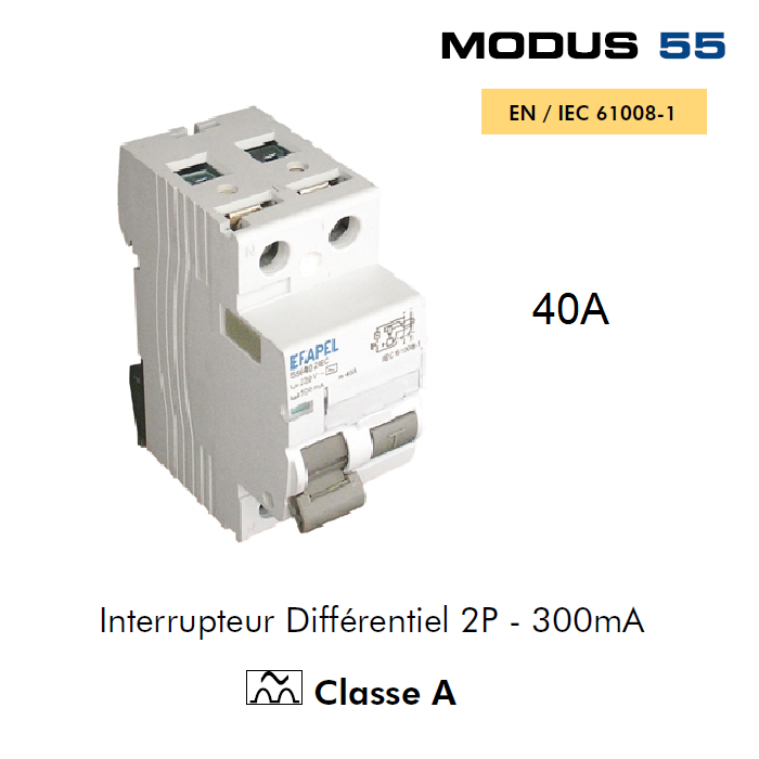 Interrupteur Différentiel 2P 300mA Classe A 2DA 40A