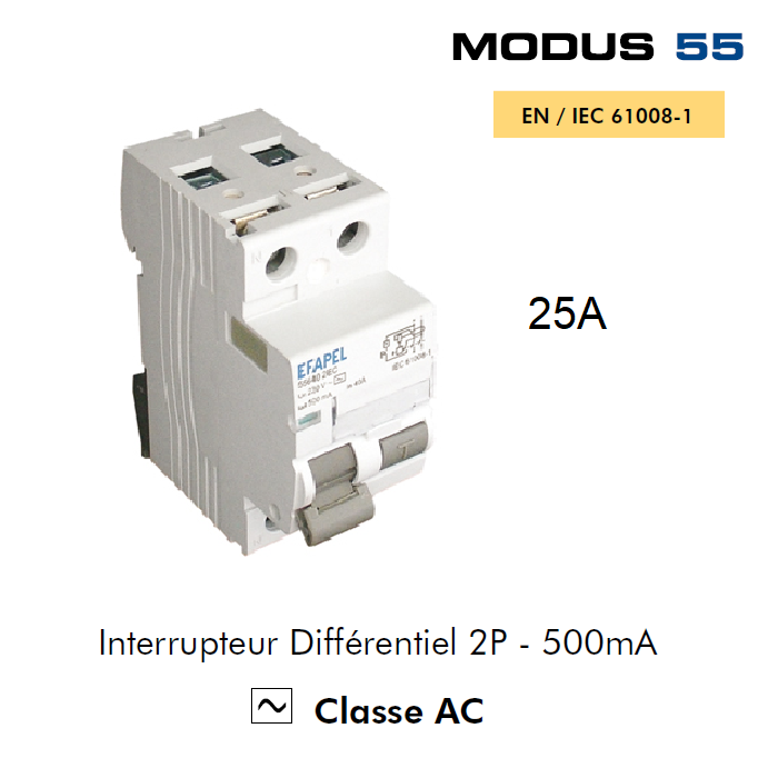 Interrupteur Différentiel 2P 500mA Classe AC 2EC 25A