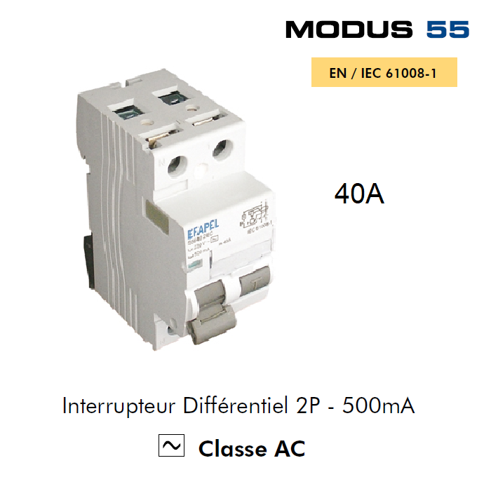 Interrupteur Différentiel 2P 500mA Classe AC 2EC 40A