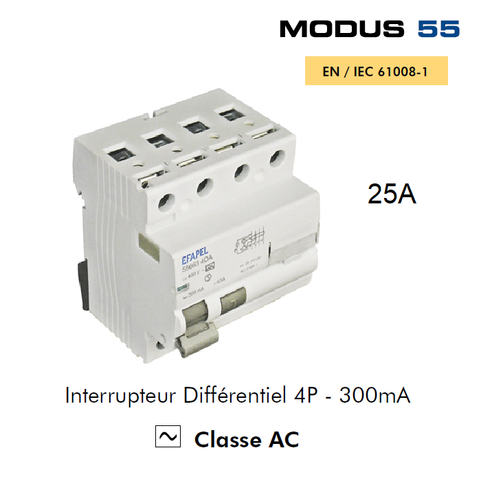 Interrupteur Différentiel 4P 300mA Classe AC 4DC 25A