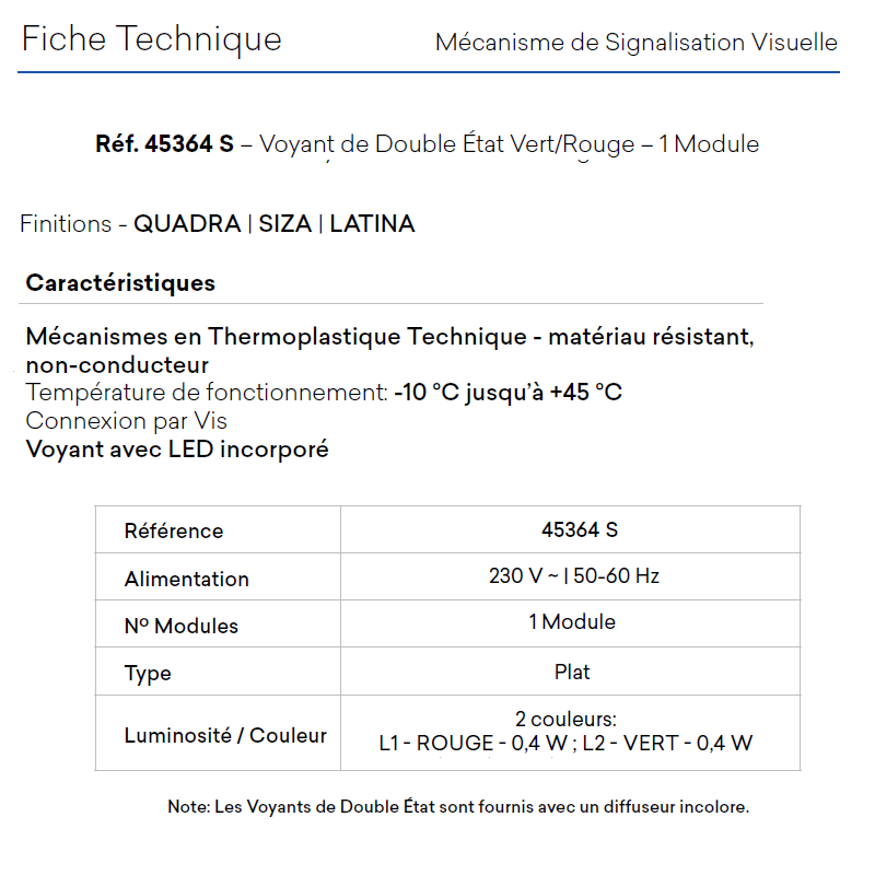 Voyant 45364 Fiche technique