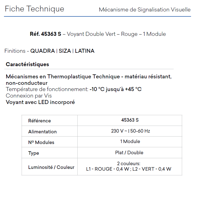 Voyant 45363 Fiche technique
