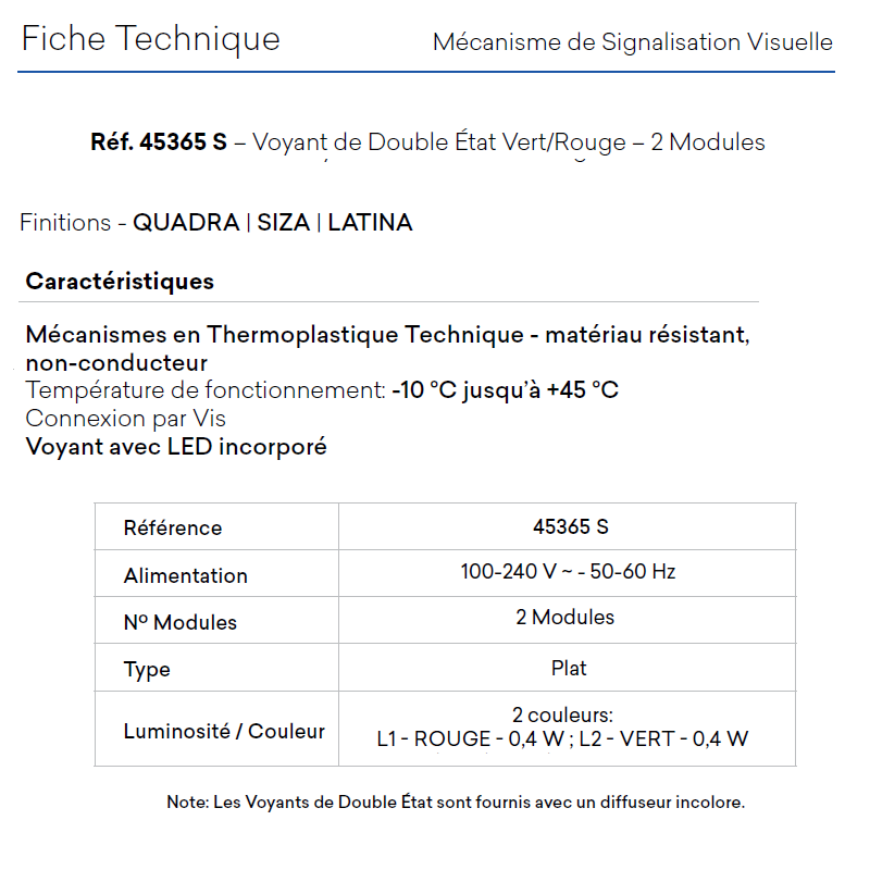 Voyant 45365 Fiche technique