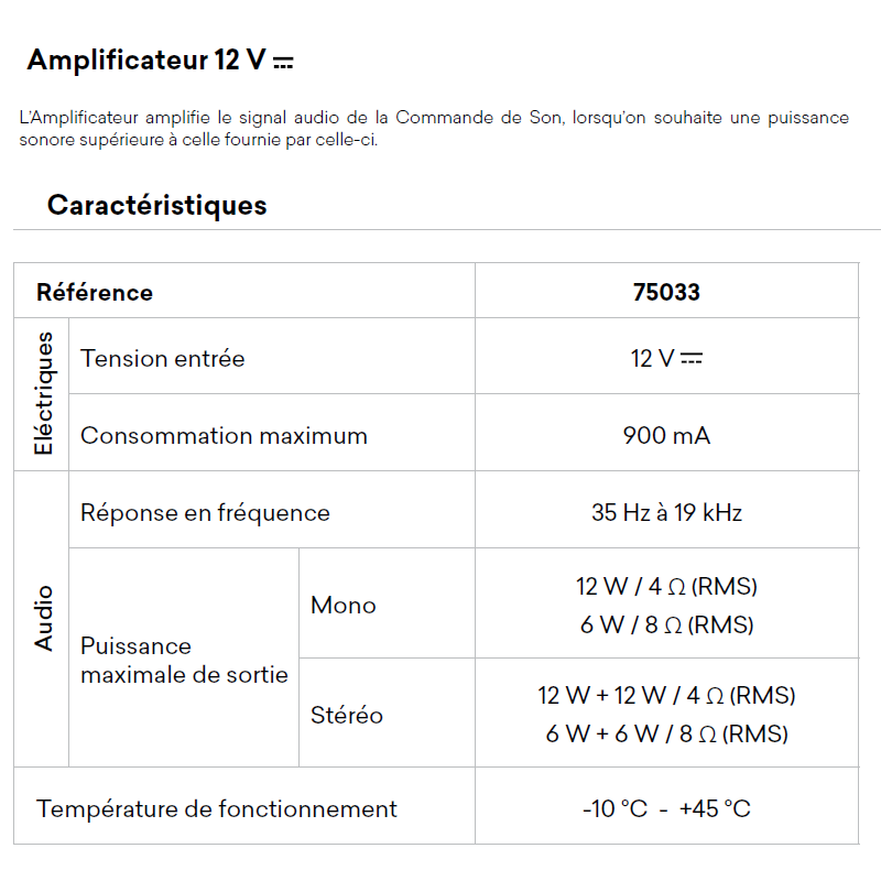 Amplificateur 75033 Caractéristiques