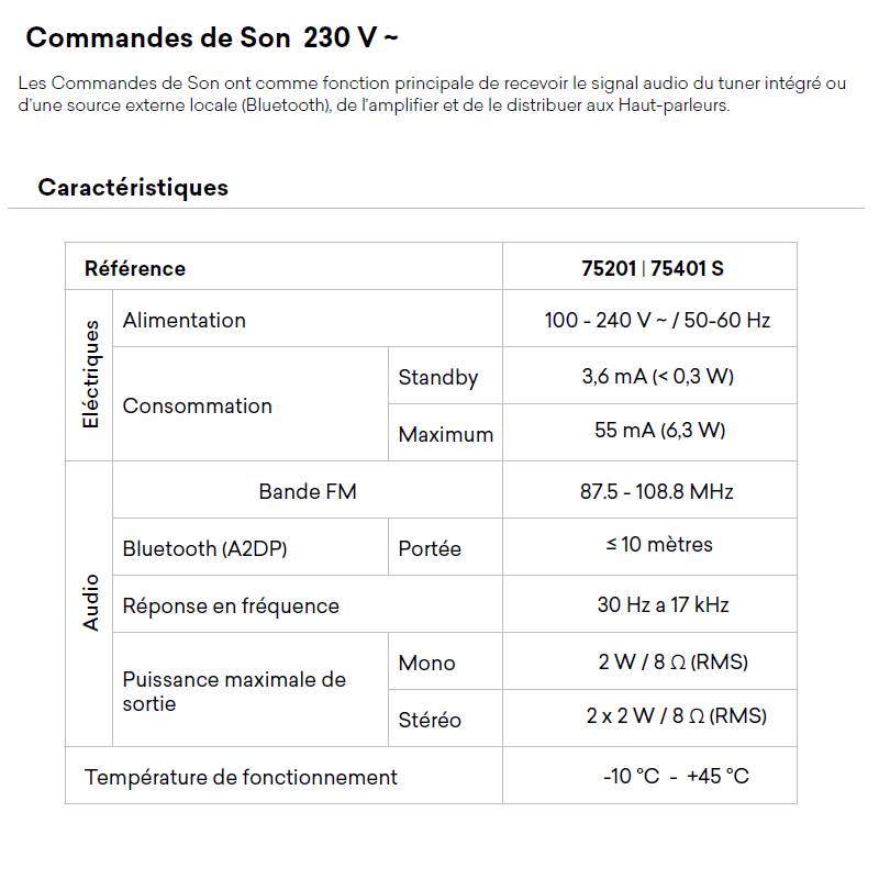 Commande de son 75201 75401 Caractéristiques