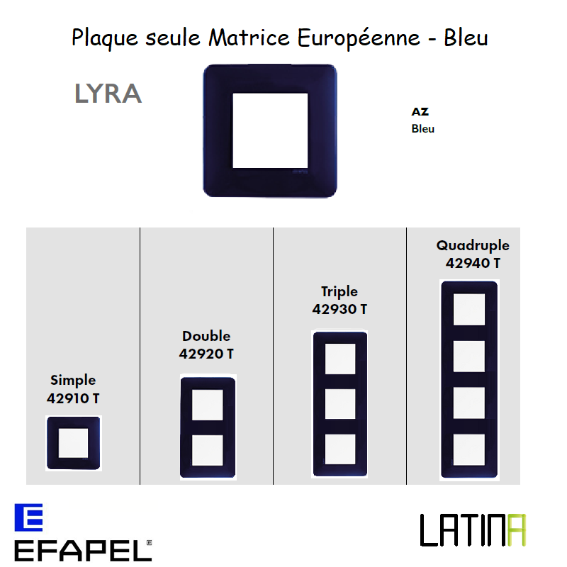 Plaque LYRA matrice européenne 42910TAZ 42920TAZ 42930TAZ 42940TAZ BLEU