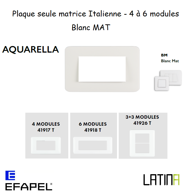 Plaque aquarella matrice italienne 4 ou 6 modules 41917TBM 42918TBM 42926TBM blanc MAT