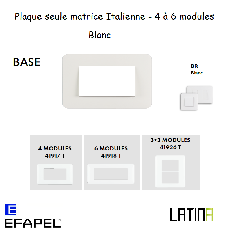 Plaque base matrice italienne 4 ou 6 modules 41917TBR 42918TBR 42926TBR blanc