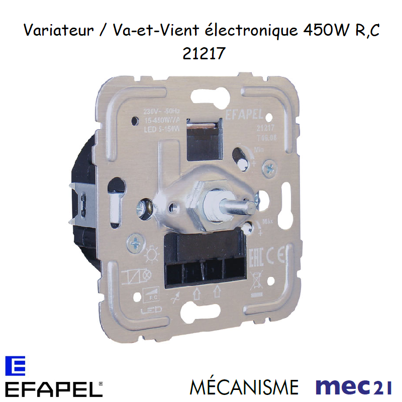 Mécanisme variateur va-et-vient électronique pour lampes basse consomation 450W R L mec 21217