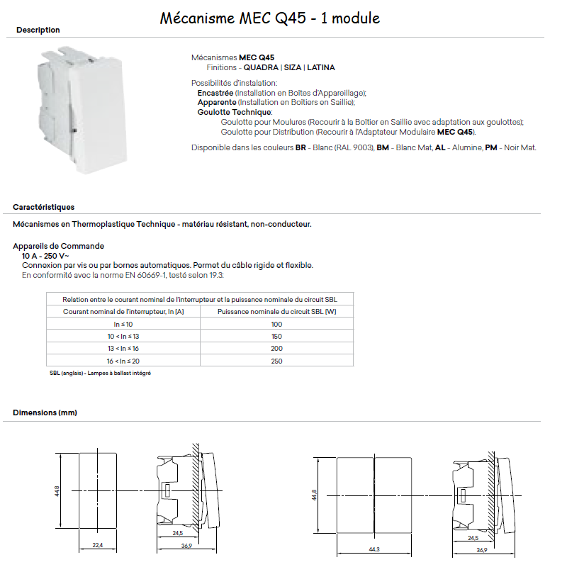 Interrupteur MEC Q45 1 module