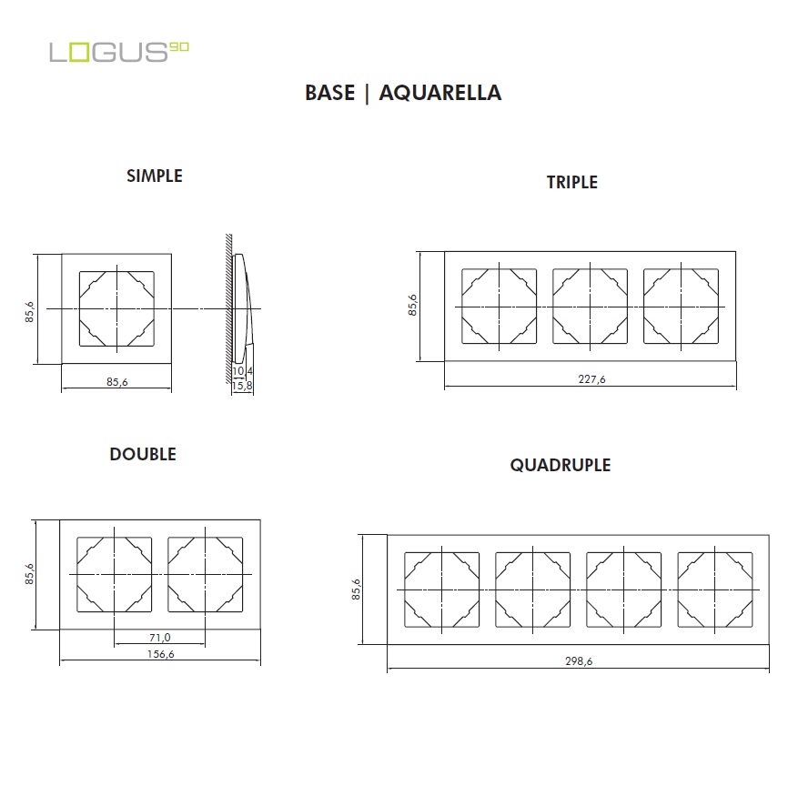 Dimensions plaques Base Aquarella Logus90 efapel