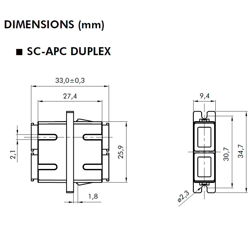 Coupleur de Connecteur Fibre optique Duplex SC APC 82211 Dimensions