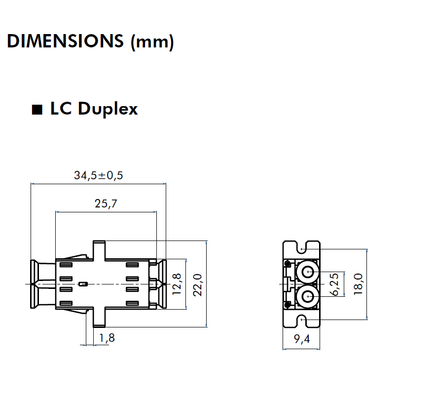 Coupleur de Connecteur Fibre optique LC Duplex 82213 Dimensions