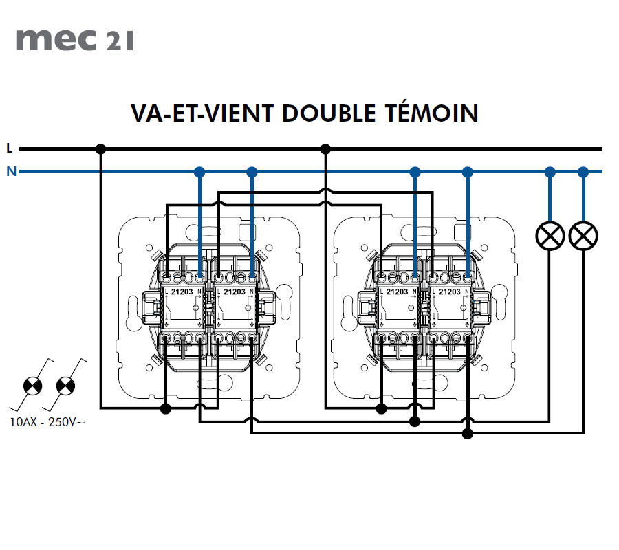 Mécanisme Va-et-Vient Double Lumineux - 21203 schéma