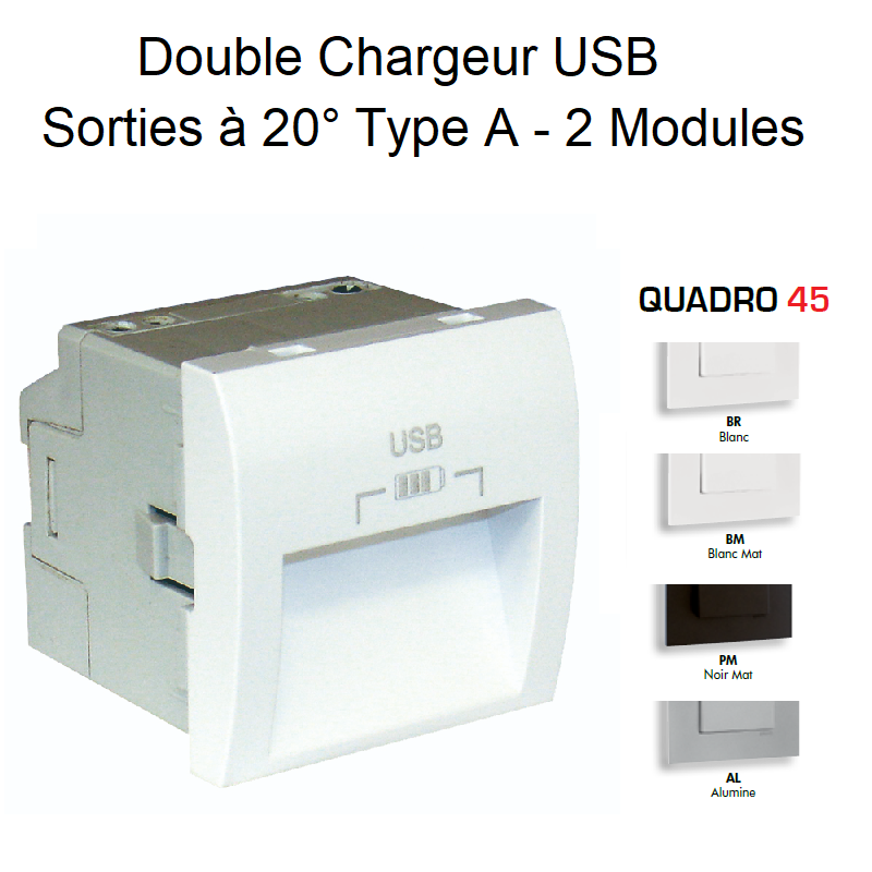 Double Chargeur USB Sorties à 20° Type A - 2 Modules Quadro 45