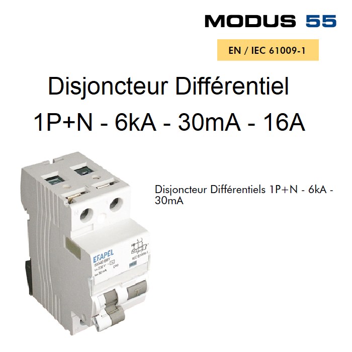 Disjoncteur Différentiel 1P+N - 6kA - 30mA - 16A