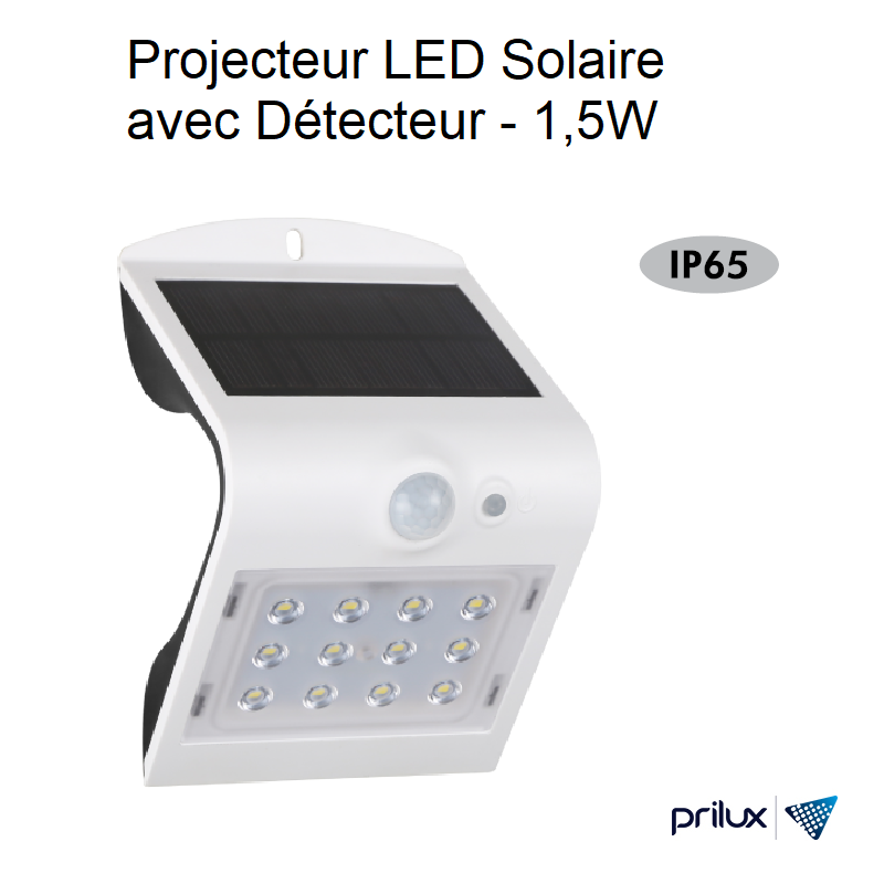 Projecteur LED Solaire avec Détecteur Blanc - 1,5W - 4000 kelvin