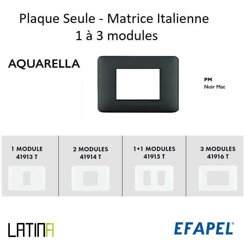 Plaque LATINA Aquarella Matrice Italienne 1 à 3 Modules - NOIR MAT