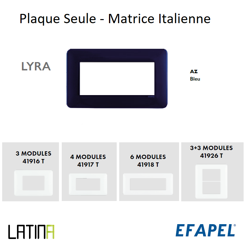Plaque LATINA LYRA Matrice Italienne 3 à 6 Modules - BLEU