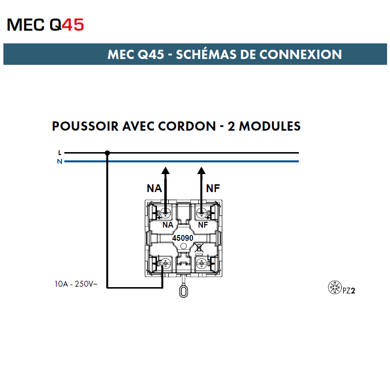 Poussoir avec cordon - 2 Modules Quadro 45090S-1