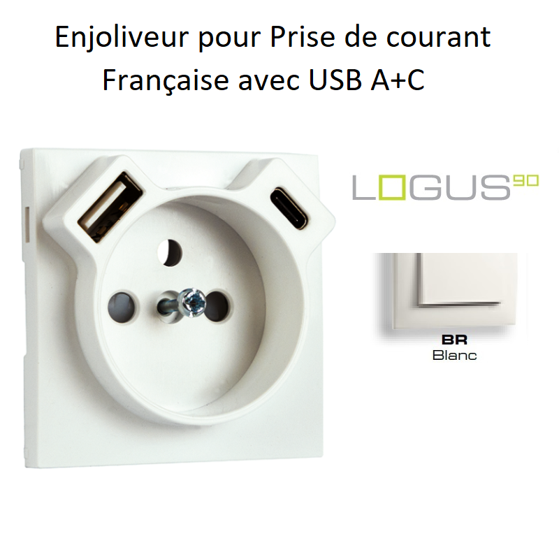 Enjoliveur pour prise française avec usb Logus 90650TBR Blanc