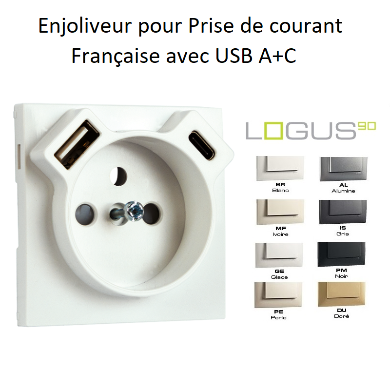 Enjoliveur de Prise de courant Française avec USB A+C - LOGUS 90