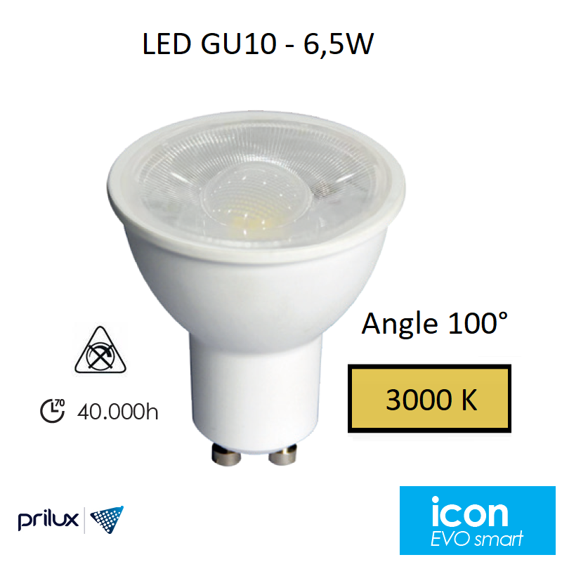 Ampoule LED GU10 6,5W Angle 100° - 3000 kelvin