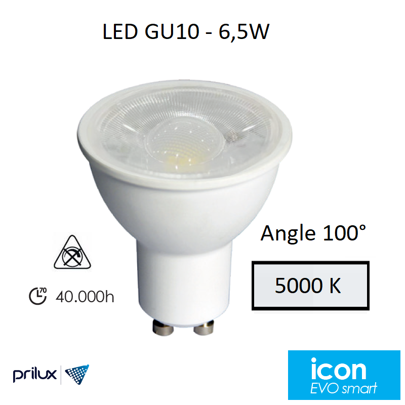 Ampoule LED GU10 6,5W Angle 100° - 5000 kelvin