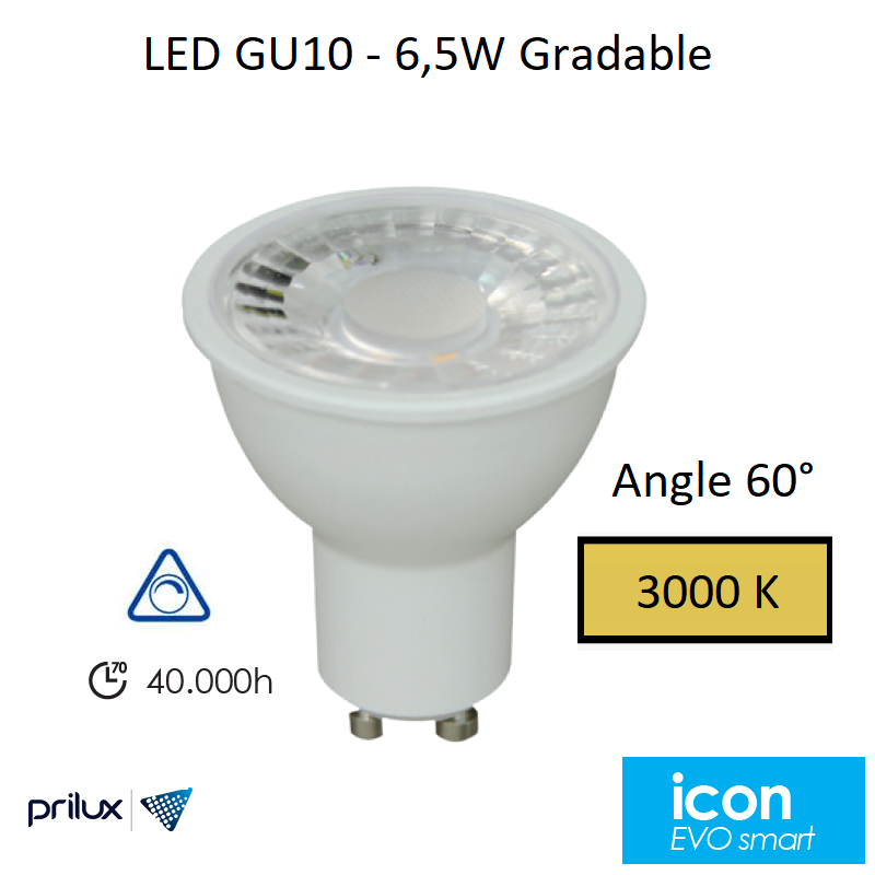 Ampoule LED GU10 6,5W Angle 60° Dimmable - 3000 kelvin