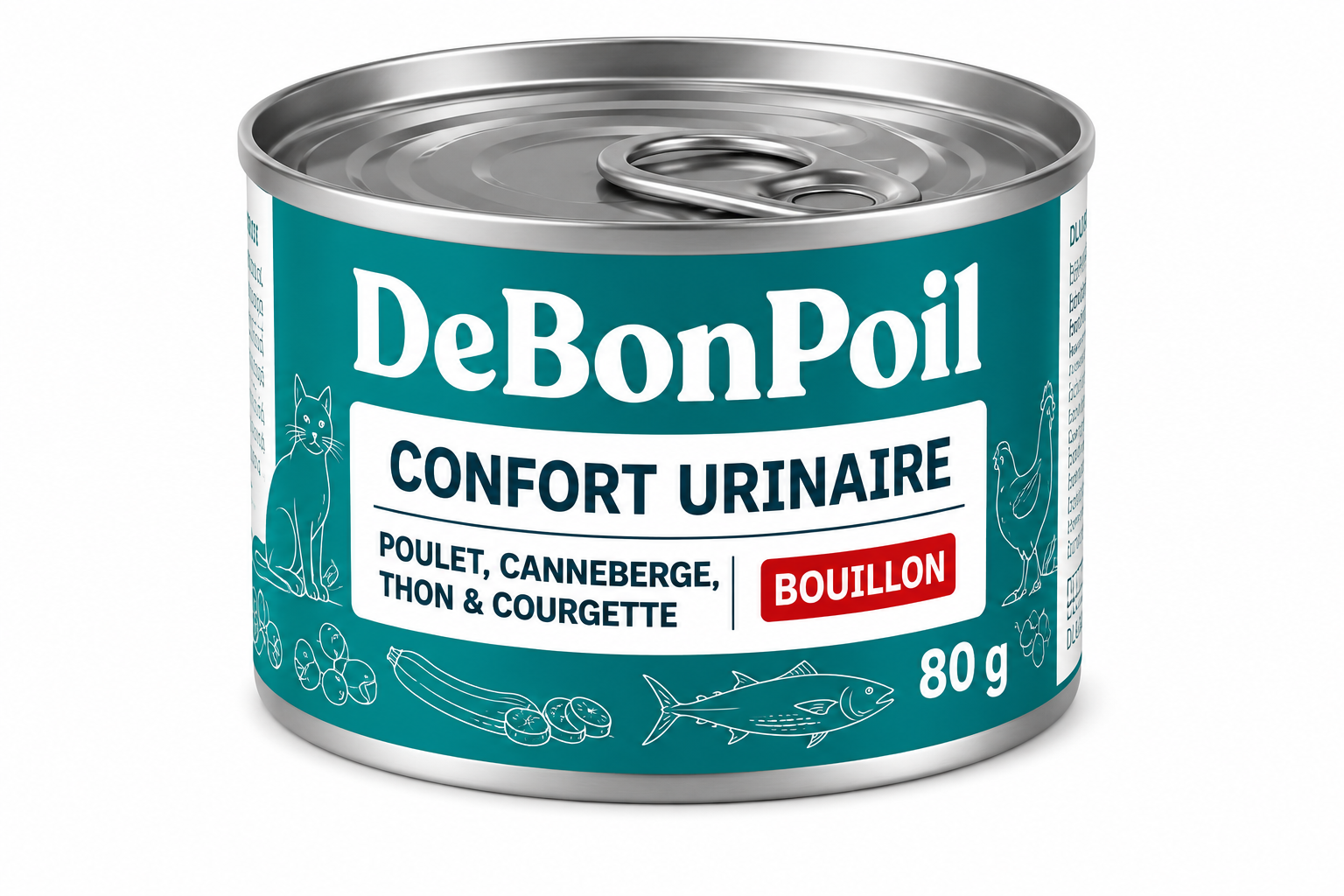 poulet, canneberge, thon et courgette en bouillon