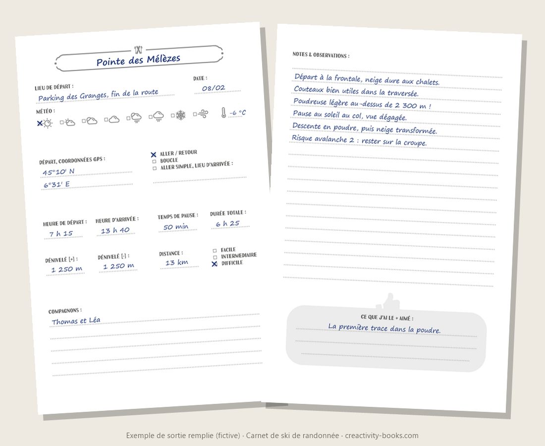Carnet de ski de randonnée à compléter : exemple de sortie remplie (fictive), sur deux pages
