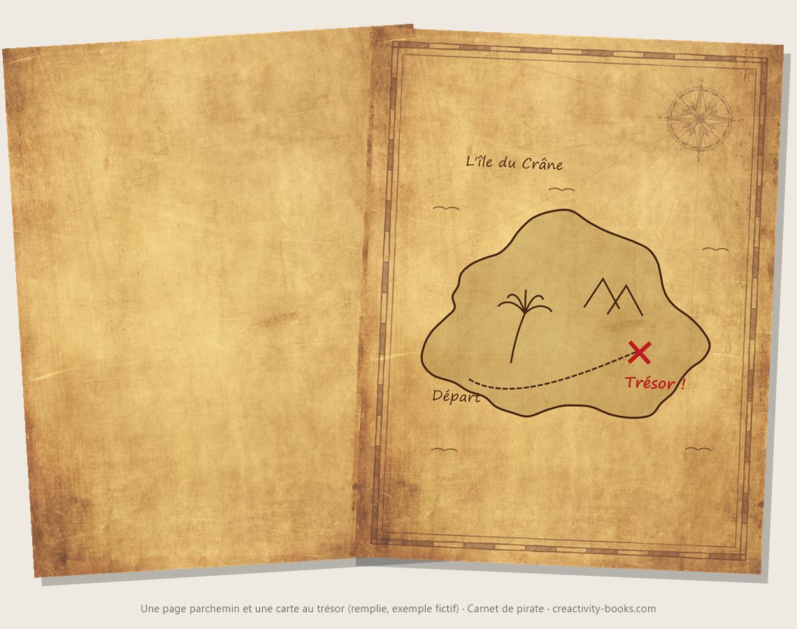 Carnet de pirate : une page parchemin et une carte au trésor remplie (exemple fictif)