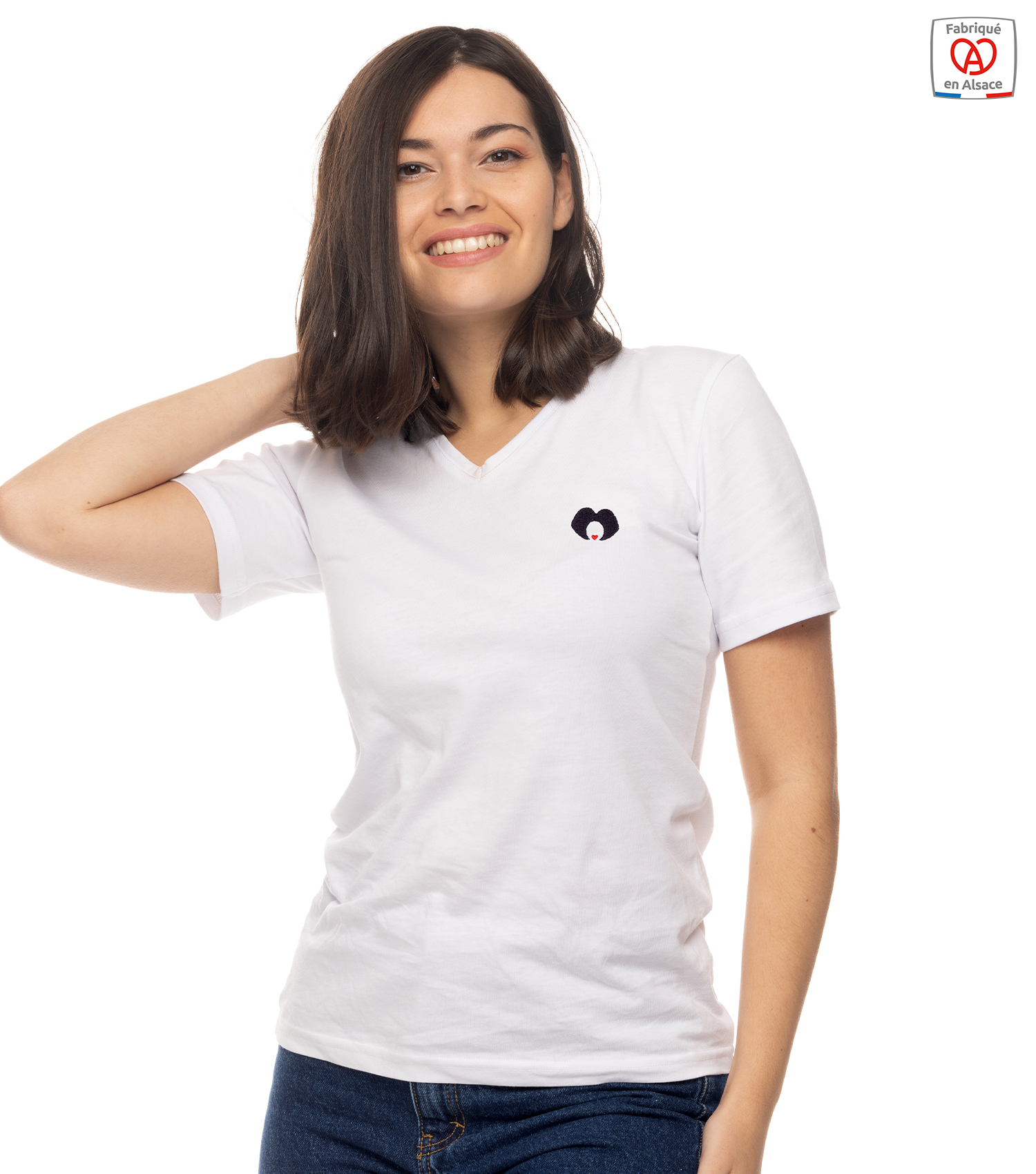 Das bestickte Shirt für Frauen mit V-Ausschnitt elsässischer Kopfbedeckung