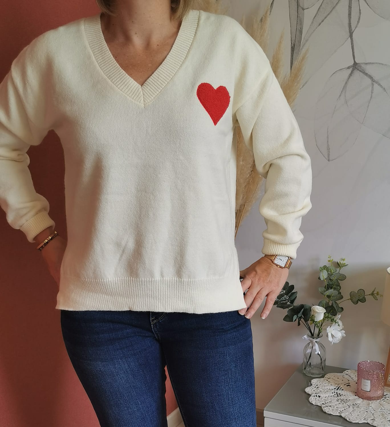 Pull col V Coeur rouge Pulls sweats gilets Linamaj