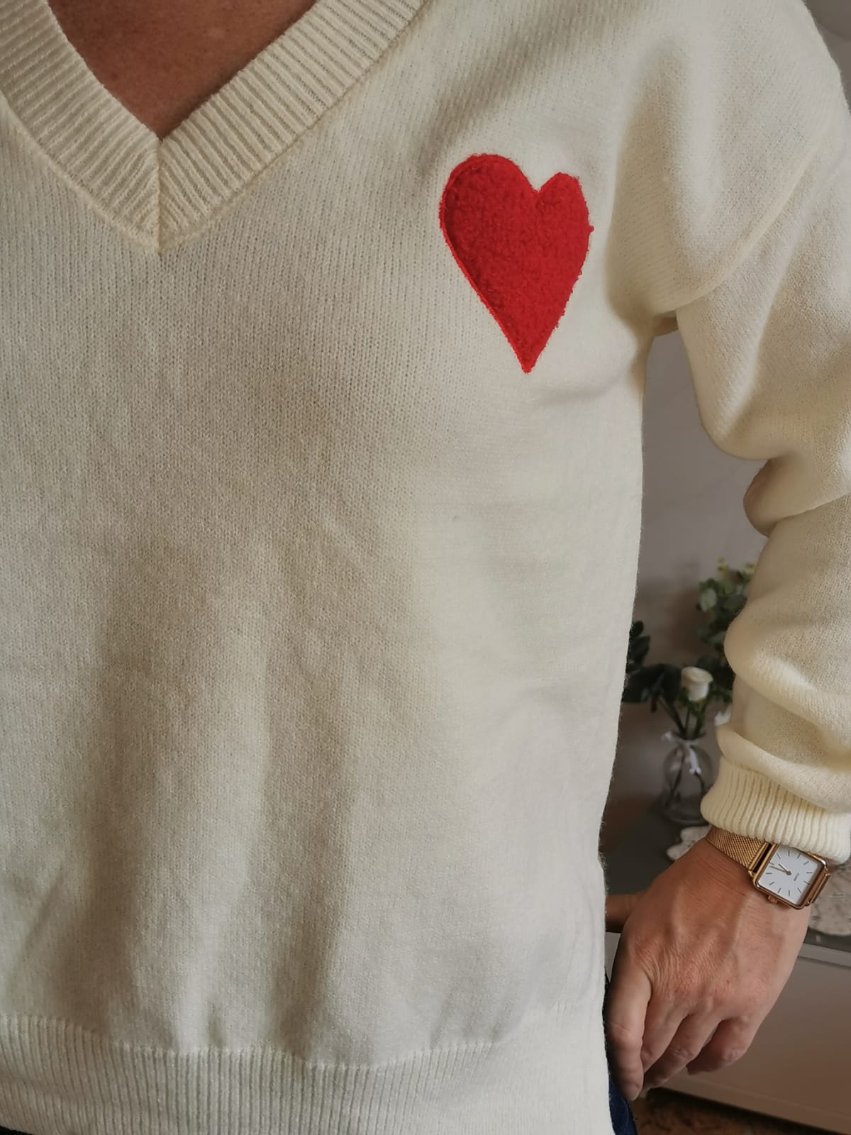 Pull col V Coeur rouge
