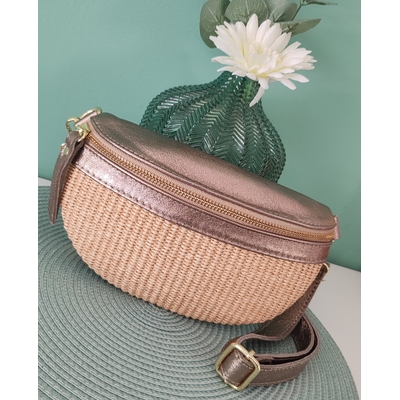 Sac banane cuir bronze et raphia