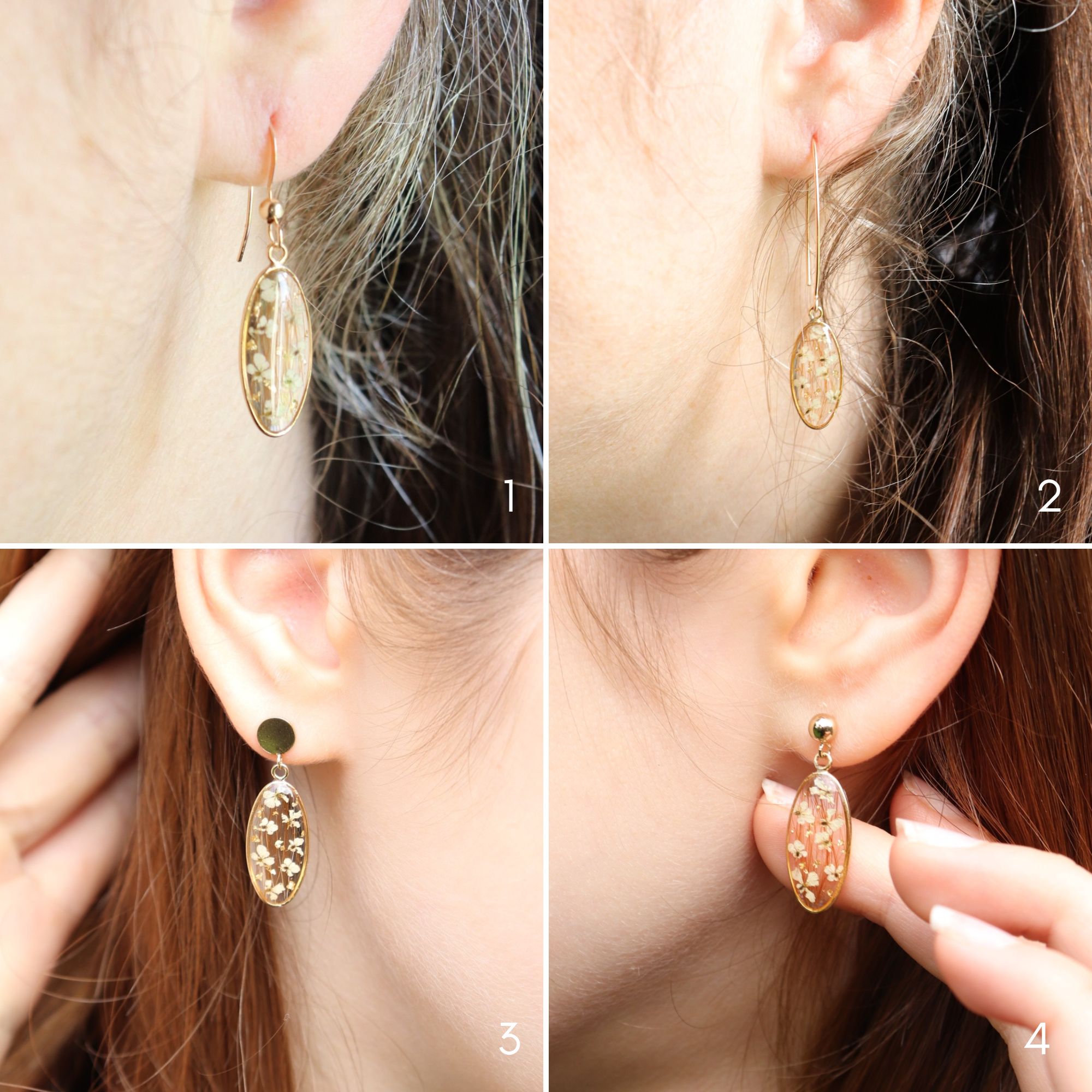 crochets personnalises boucles oreilles gold filled fleurs sechees poils animaux