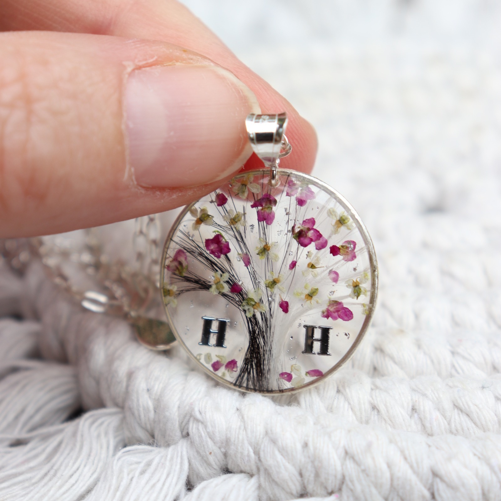 collier poils chat chien arbre de vie fleurs sechees argent 925