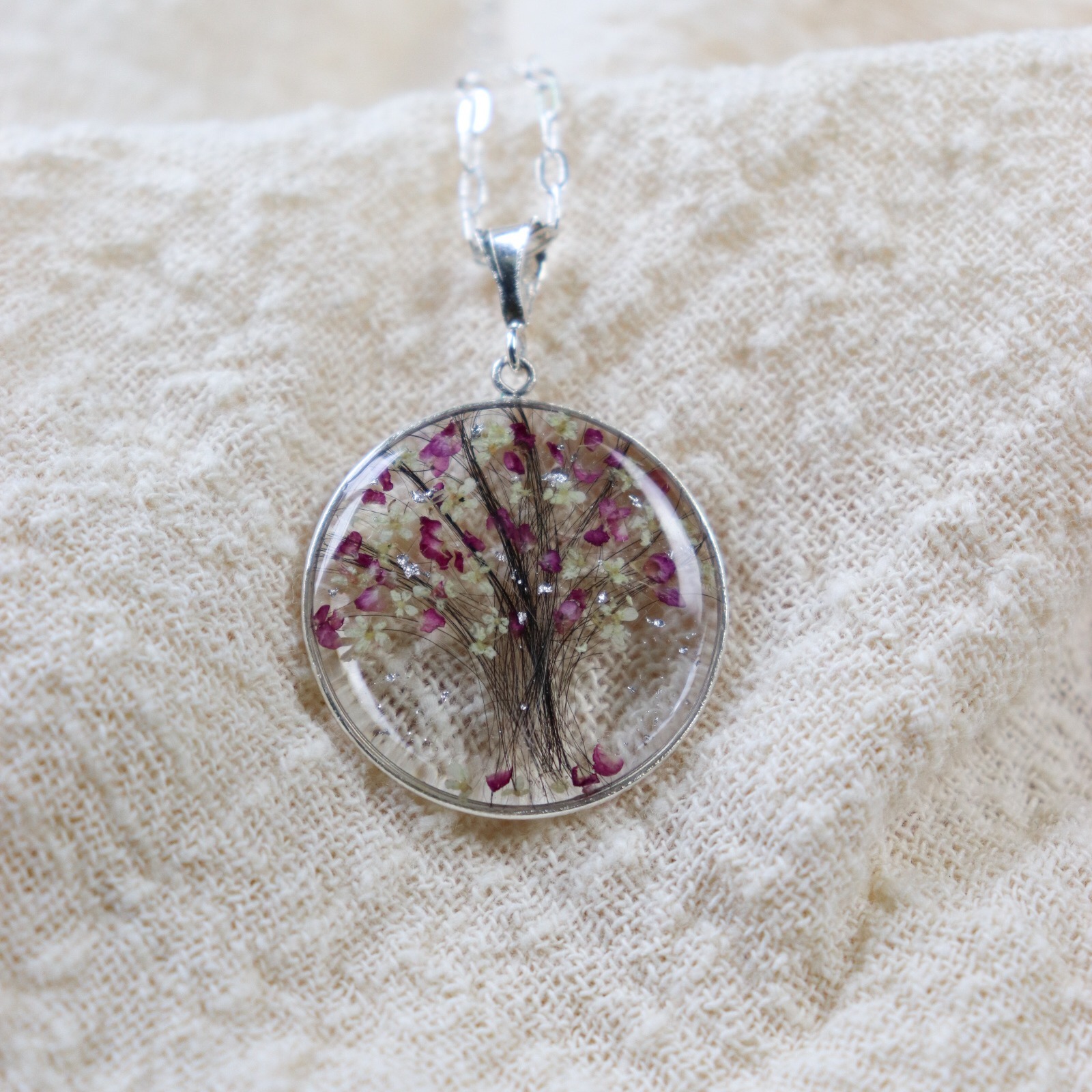 collier arbre de vie poils chien fleurs sechees naturelles argent 925