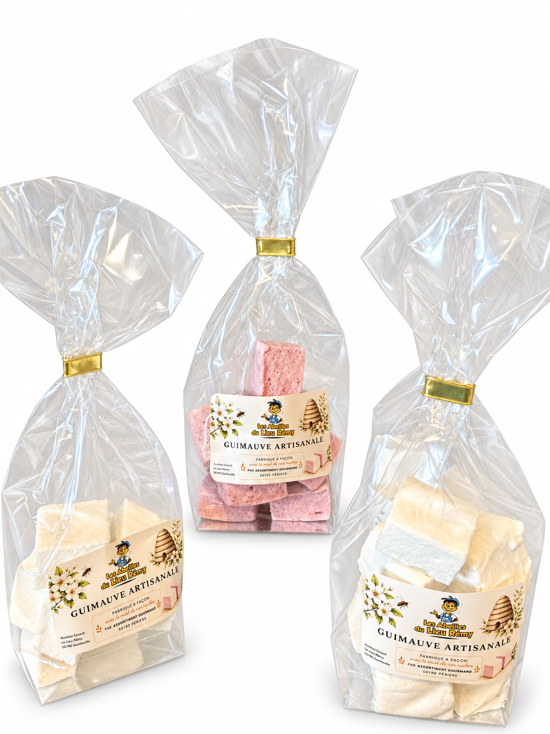 Plusieurs sachets de guimauves artisanales au miel des Abeilles du Lieu Rémy