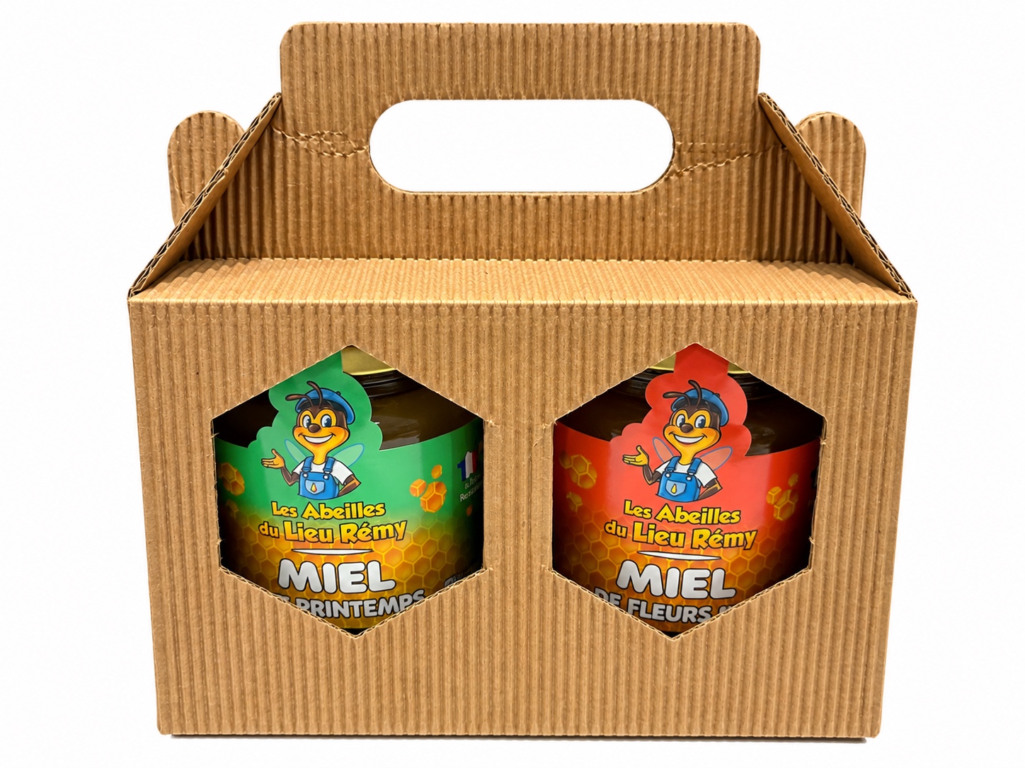 Coffret Duo des Saisons en boîte kraft à poignée, miel de printemps et miel d’été, deux pots de 250 g