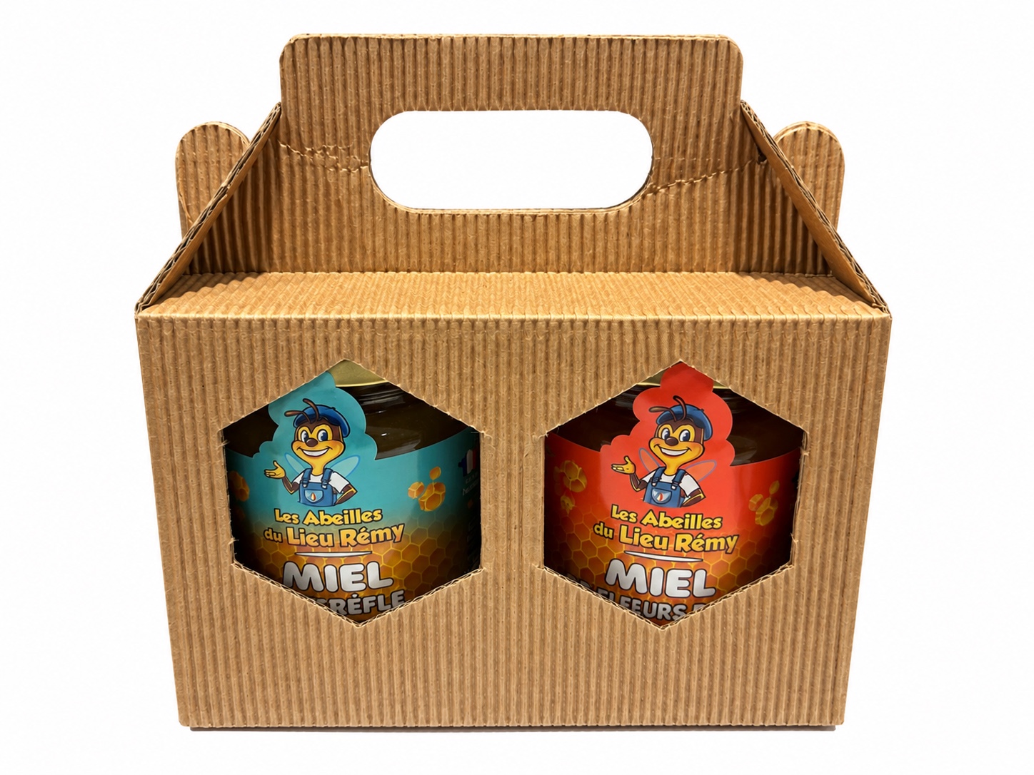 Coffret Duo des Prairies en boîte kraft à poignée, miel de trèfle et miel d’été, deux pots de 250 g