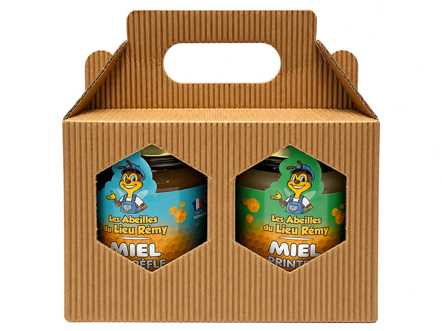 Duo du Cotentin : miels de printemps et de trèfle, deux pots de 250 g dans leur coffret kraft