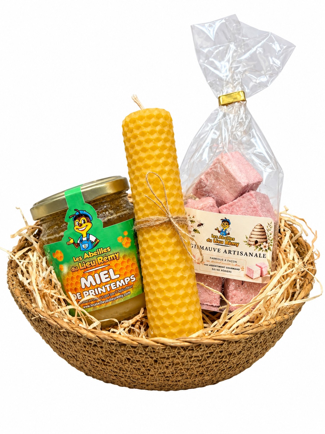 Exemple de panier garni avec miel de printemps, guimauves et bougie roulée